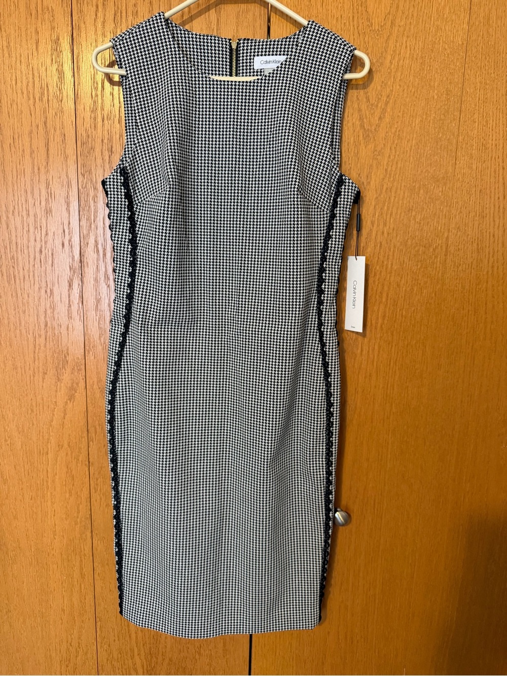 Calvin Klein Black and White Houndstooth Midi Sheath Dress